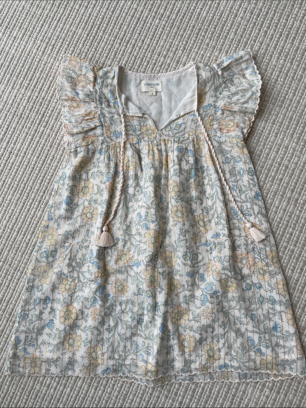 Louis Louise Kids Floral Cotton Dress with Tassel Tie - Light Blue & Cream